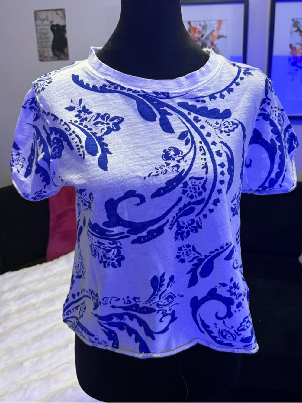 Maeve White Tee with Blue Paisley Print